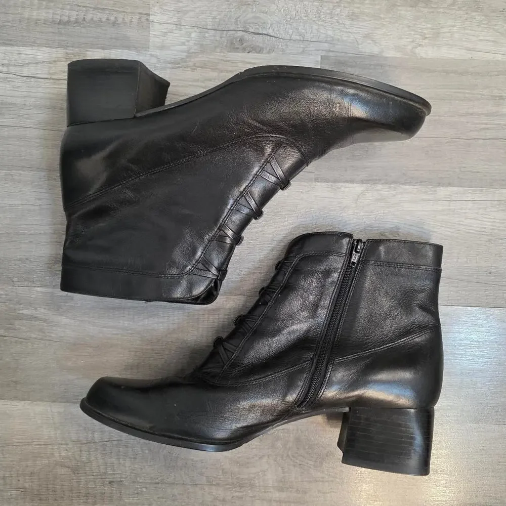 Vintage 90s Black Leather Ankle Boots Block Heel Women’s 10 Dark Academia Goth